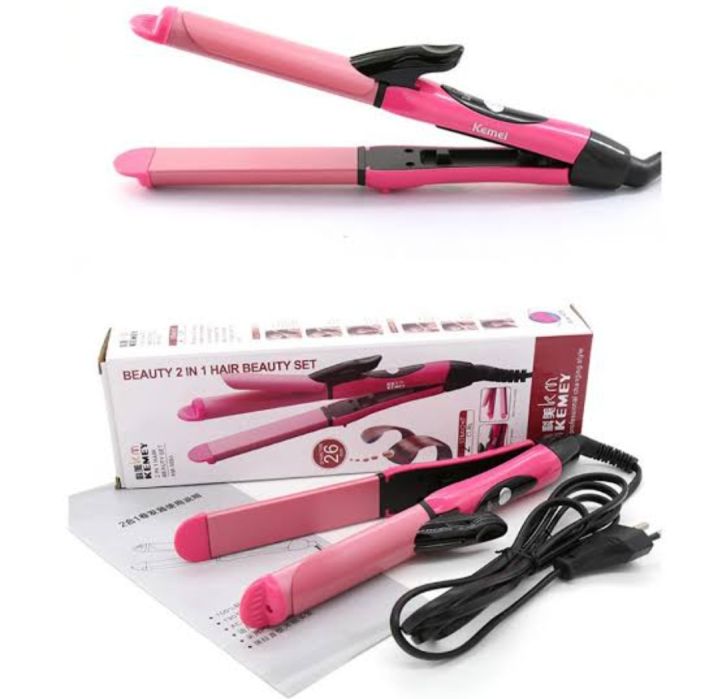 Pink 2-in-1 hair straightener and curler with box