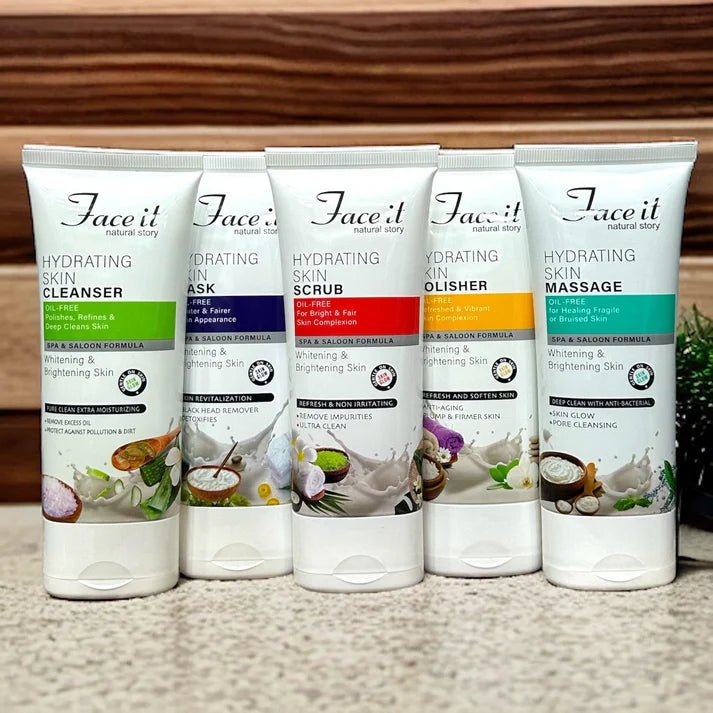 Face It Natural Story Hydrating Skin Care Bundle - Cleanser, Mask, Scrub, Polisher, and Massage (Pack of 5)