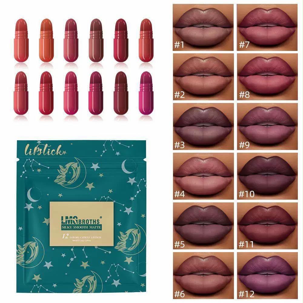 Capsule Lipstick - Pack of 12 - Long-Lasting Velvet Matte & Highly Pigmented